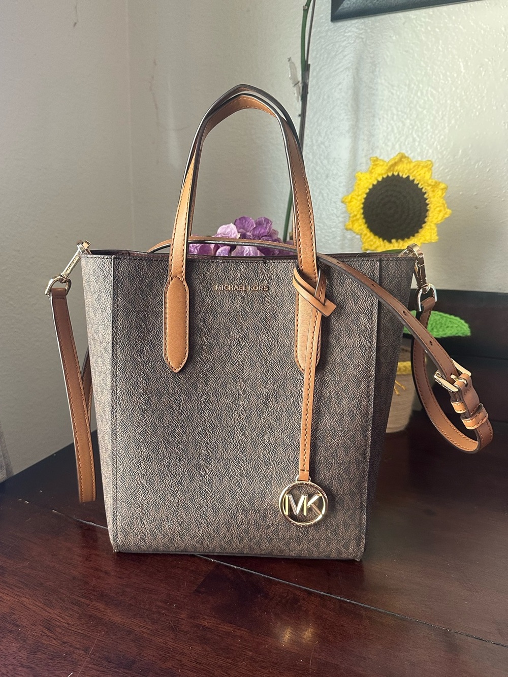 Michael Kors Brown Signature Tote with Tan Leather Trim - Picture 1 of 15